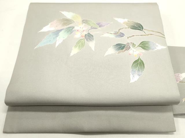 平和屋着物●塩瀬 九寸名古屋帯 友禅 作家物 南天枝葉文 正絹 逸品 DAAY0424ob