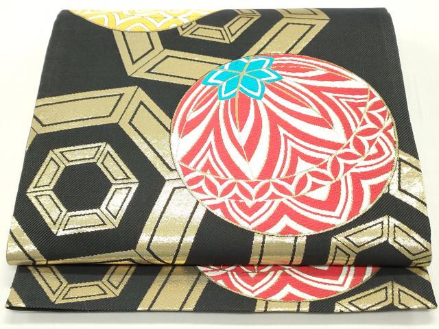 平和屋着物●六通柄袋帯 唐織 鞠文 黒地 金糸 正絹 逸品 DAAY0486ob