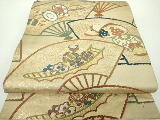 平和屋着物●アンティーク 大正ロマン 丸帯 引き抜き帯 唐織 扇面舞蝶楽器花文 宝舟 金糸 正絹 逸品 DAAY1128ps