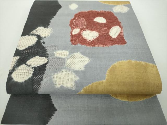 平和屋着物●中国三大刺繍 スワトウ相良刺繍 汕頭相良刺繍 九寸開き名古屋帯 紬地 絞り 草花文 正絹 逸品 未使用 DAAY1166ps