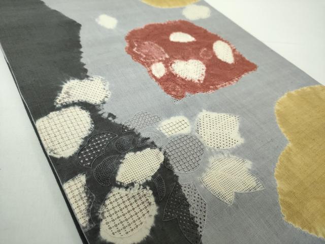 平和屋着物●中国三大刺繍 スワトウ相良刺繍 汕頭相良刺繍 九寸開き名古屋帯 紬地 絞り 草花文 正絹 逸品 未使用 DAAY1166ps