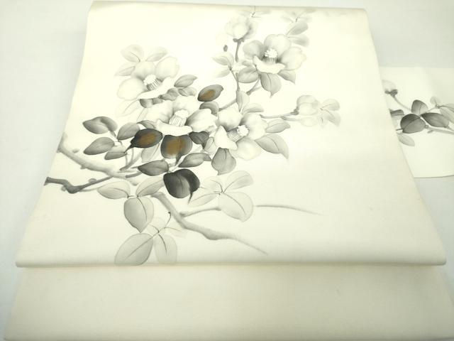 平和屋着物●塩瀬 九寸名古屋帯 作家物 手描き 枝椿 金彩 正絹 逸品 DAAY1182ps