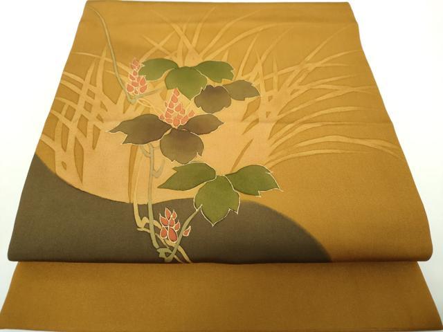 平和屋着物●塩瀬 九寸開き名古屋帯 手描き 草花文 シルエット 金彩 正絹 逸品 DAAY1213ps