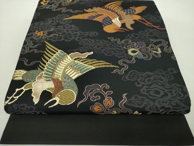 平和屋着物●アンティーク 大正ロマン 丸帯 引き抜き帯 唐織 花鳥文 黒地 金糸 正絹 逸品 DAAY1258ps