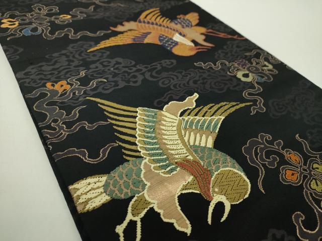 平和屋着物●アンティーク 大正ロマン 丸帯 引き抜き帯 唐織 花鳥文 黒地 金糸 正絹 逸品 DAAY1258ps