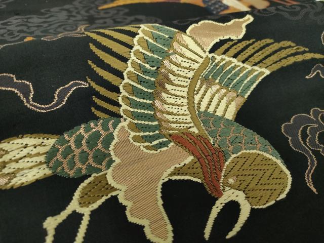 平和屋着物●アンティーク 大正ロマン 丸帯 引き抜き帯 唐織 花鳥文 黒地 金糸 正絹 逸品 DAAY1258ps