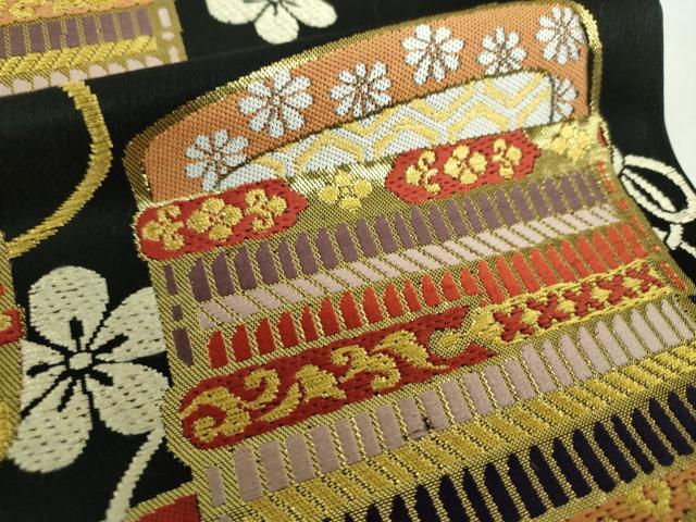 平和屋着物●西陣 全通柄 本袋帯 松竹梅鎧文 黒地 金銀糸 上代25万 証紙付き 正絹 逸品 未使用 DAAY1274ps