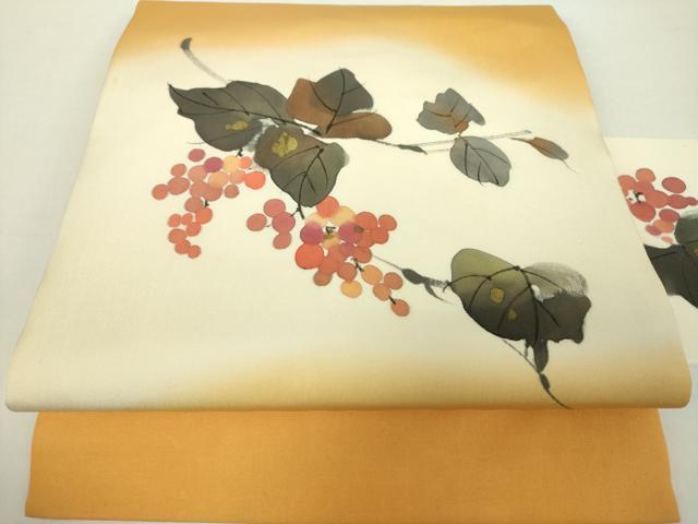 平和屋着物●塩瀬 九寸名古屋帯 作家物 手描き 葡萄蔦の葉文 金彩 正絹 逸品 DAAY1299ps
