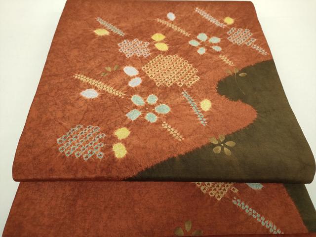 平和屋着物●太鼓柄袋帯 紬地 絞り 草花文 金彩 正絹 逸品 DAAY1328ps