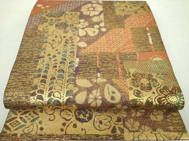 平和屋着物●六通柄袋帯 紬地 絞り 切嵌花文 金彩 正絹 逸品 DAAY1613ps