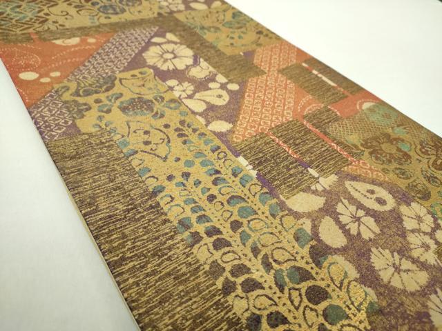 平和屋着物●六通柄袋帯 紬地 絞り 切嵌花文 金彩 正絹 逸品 DAAY1613ps