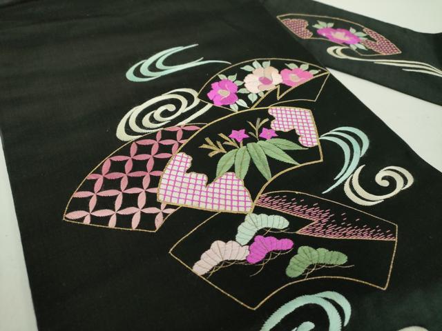 平和屋着物●アンティーク 大正ロマン 九寸名古屋帯 駒刺繍 総刺繍 地紙流水花文 黒地 金糸 正絹 逸品 DAAY1928ps