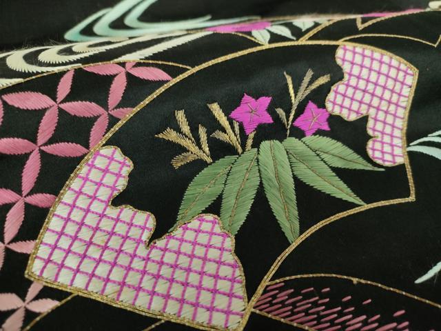 平和屋着物●アンティーク 大正ロマン 九寸名古屋帯 駒刺繍 総刺繍 地紙流水花文 黒地 金糸 正絹 逸品 DAAY1928ps