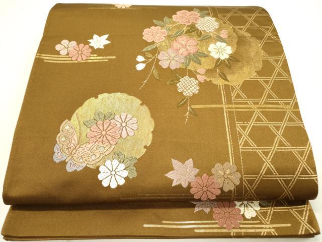 平和屋着物◎六通柄袋帯 唐織 雪芝花文 金糸 正絹 逸品 DAAY2371op
