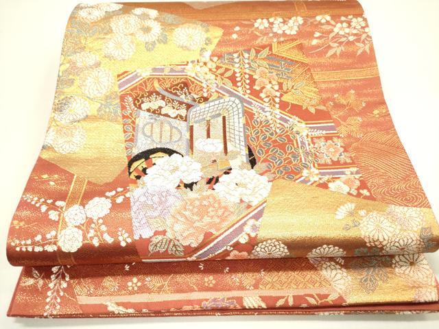 平和屋着物◎六通柄袋帯 色紙御車文 金糸 正絹 逸品 DAAY2389op