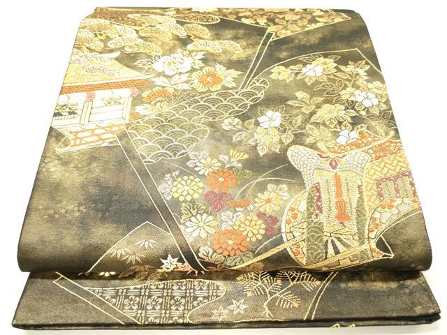 平和屋着物◎六通柄袋帯 唐織 御所車冊子花文 黒地 金糸 正絹 逸品 DAAY2438op