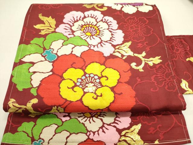 平和屋着物●アンティーク 大正ロマン 九寸名古屋帯 草花 金糸 正絹 逸品 DAAY2660op