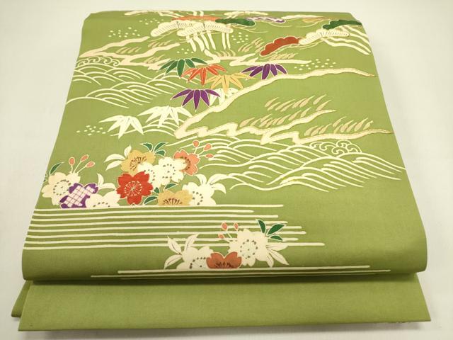平和屋着物●塩瀬 九寸名古屋帯 駒刺繍 流水花松文 金彩 正絹 逸品 DAAY2680op