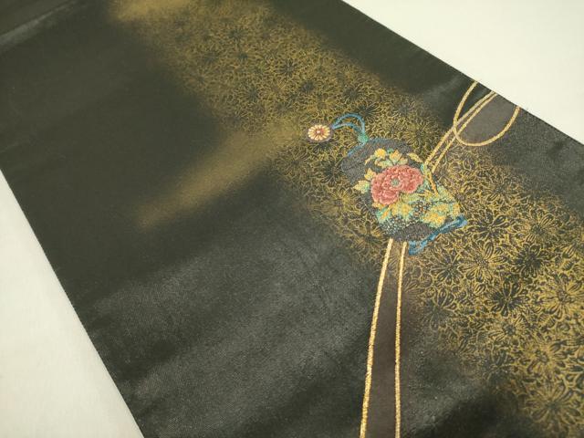 平和屋着物●太鼓柄袋帯 芳薫 黒地 金糸 引箔 正絹 逸品 DAAY2707op
