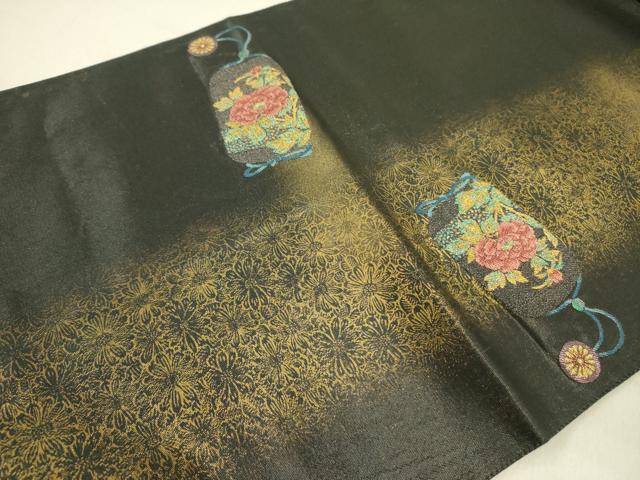 平和屋着物●太鼓柄袋帯 芳薫 黒地 金糸 引箔 正絹 逸品 DAAY2707op