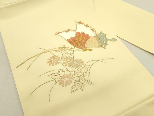 平和屋着物●塩瀬 九寸名古屋帯 駒刺繍 総刺繍 舞蝶花文 金糸 正絹 逸品 DAAY2713op