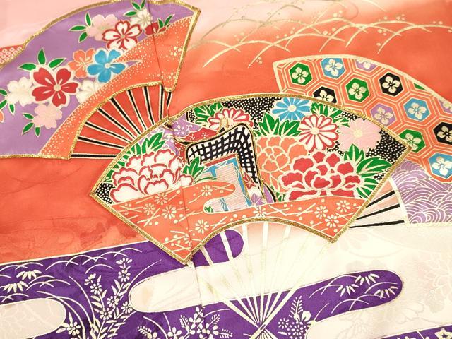 平和屋着物∵女の子 十三参り 子供 襦袢(単衣)セット 駒刺繍 エ霞扇面御所車花文 暈し染め 金銀彩 逸品 DAAY3274ma