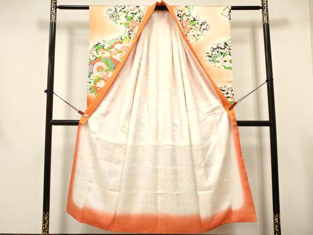 平和屋着物∵女の子 十三参り 子供 祝着 駒刺繍 地紙御所車鼓花文 暈し染め 金彩 逸品 DAAY3504ma