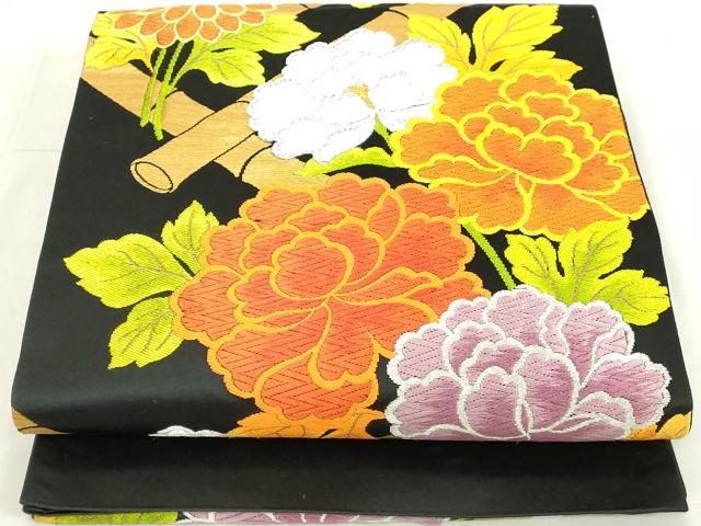 平和屋着物◎西陣 六通柄袋帯 唐織 竹垣花文 黒地 金銀糸 正絹 逸品 DAAY3594cd