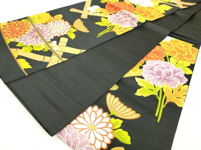 平和屋着物◎西陣 六通柄袋帯 唐織 竹垣花文 黒地 金銀糸 正絹 逸品 DAAY3594cd