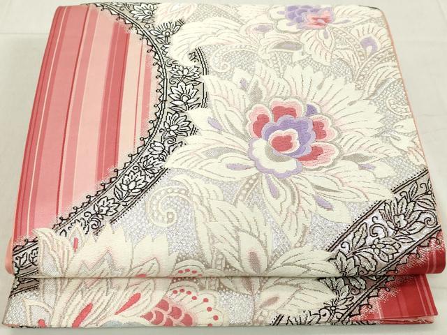 平和屋着物◎六通柄袋帯 唐織 更紗花文 銀糸 正絹 逸品 DAAY3636cd