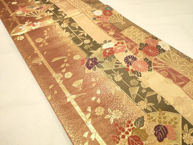 平和屋着物◎両面 六通柄袋帯 唐織 扇面花文 金糸 正絹 逸品 DAAY4062jm