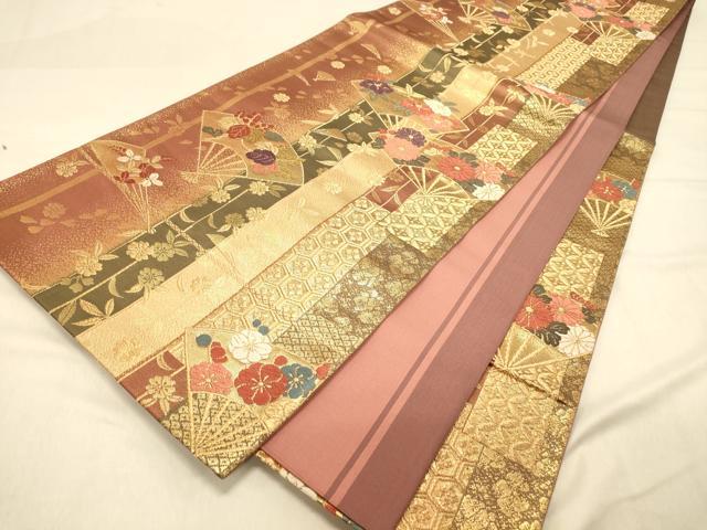 平和屋着物◎両面 六通柄袋帯 唐織 扇面花文 金糸 正絹 逸品 DAAY4062jm