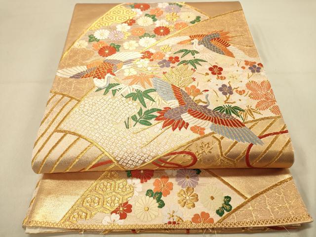 平和屋着物◎六通柄袋帯 唐織 扇面飛鶴花文 松竹梅 金糸 正絹 逸品 DAAY4065jm