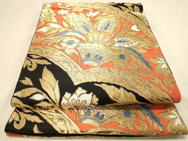 平和屋着物◎六通柄袋帯 更紗花文 金糸 正絹 逸品 DAAY4075jm