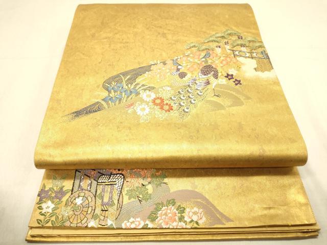 平和屋着物◎六通柄袋帯 唐織 孔雀花文 金糸 引箔 正絹 逸品 DAAY4100jm