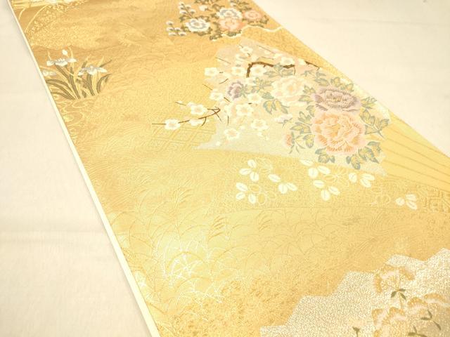 平和屋着物◎六通柄袋帯 唐織 扇面蒔絵花文 金銀糸 正絹 逸品 DAAY4201jm