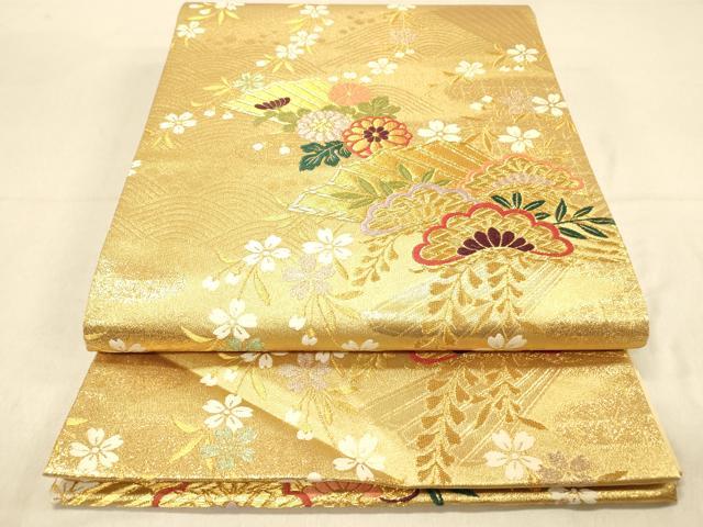 平和屋着物◎六通柄袋帯 扇面吉祥花文 金糸 正絹 逸品 DAAY4208jm
