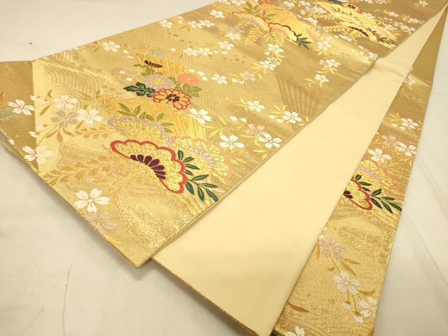 平和屋着物◎六通柄袋帯 扇面吉祥花文 金糸 正絹 逸品 DAAY4208jm