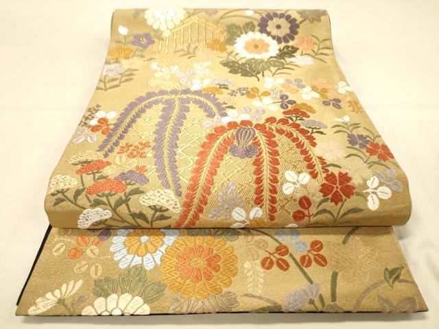 平和屋着物◎六通柄袋帯 秋草文 金糸 正絹 逸品 DAAY4212jm