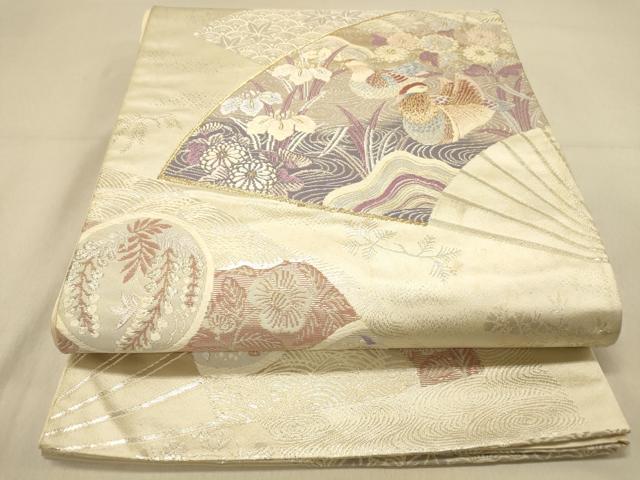 平和屋着物◎六通柄袋帯 唐織 扇面鴛鴦花文 金銀糸 正絹 逸品 DAAY4217jm