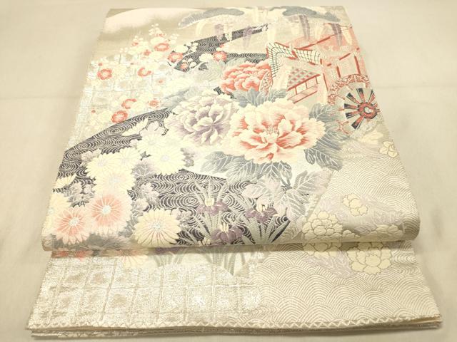 平和屋着物◎六通柄袋帯 唐織 九百錦 しよう美 御所車花文 プラチナ箔 正絹 逸品 DAAY4233jm
