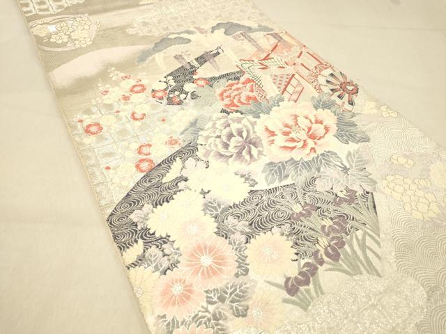 平和屋着物◎六通柄袋帯 唐織 九百錦 しよう美 御所車花文 プラチナ箔 正絹 逸品 DAAY4233jm