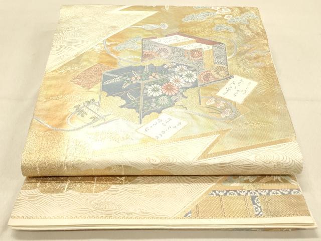 平和屋着物◎六通柄袋帯 蒔絵かるた箱 金糸 正絹 逸品 DAAY4322jm