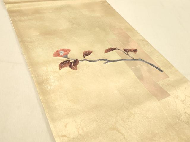 平和屋着物◎太鼓柄袋帯 竹に枝椿 引箔 正絹 逸品 DAAY4377jm