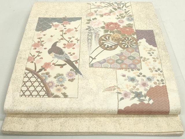 平和屋着物◎太鼓柄袋帯 花鳥枝梅文 金銀彩 正絹 逸品 DAAY4723qa