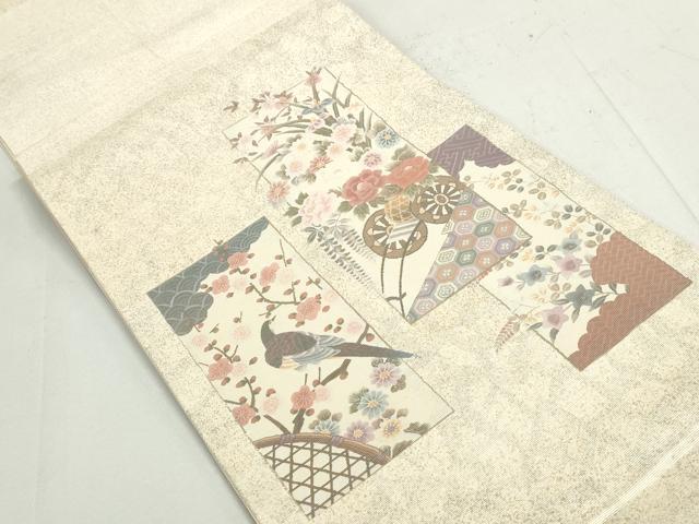 平和屋着物◎太鼓柄袋帯 花鳥枝梅文 金銀彩 正絹 逸品 DAAY4723qa