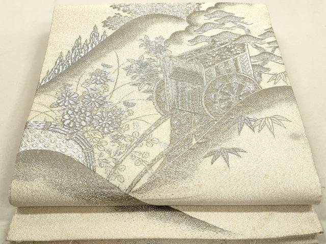 平和屋着物◎綴れ 太鼓柄袋帯 重ね山御所車花文 銀糸 正絹 逸品 DAAY4915qa