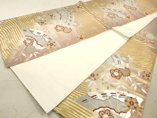 平和屋着物◎六通柄袋帯 唐織 扇面舞桜文 金銀糸 鈴乃屋扱い 正絹 逸品 DAAY4954qa