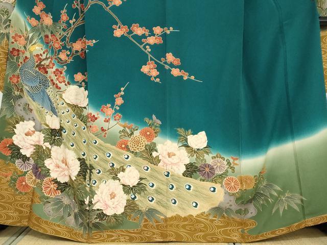 平和屋着物●豪華振袖 駒刺繍 孔雀草花文 暈し染め 金彩 正絹 逸品 DAAY5183ud