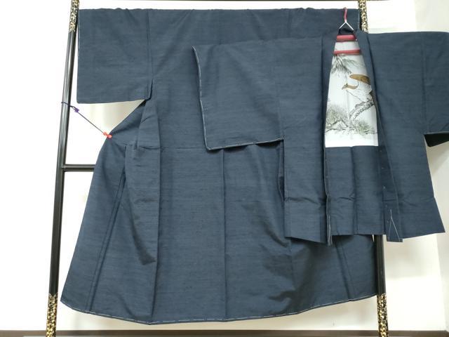 平和屋着物●男性 紬 アンサンブル 長羽織 鉄紺色 正絹 逸品 DAAY5499ud